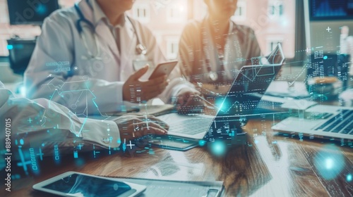 Medical co working concept,Doctor working with smart phone and digital tablet and laptop computer to meeting his team in modern office at hospital photo