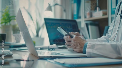 Medical co working concept,Doctor working with smart phone and digital tablet and laptop computer to meeting his team in modern office at hospital