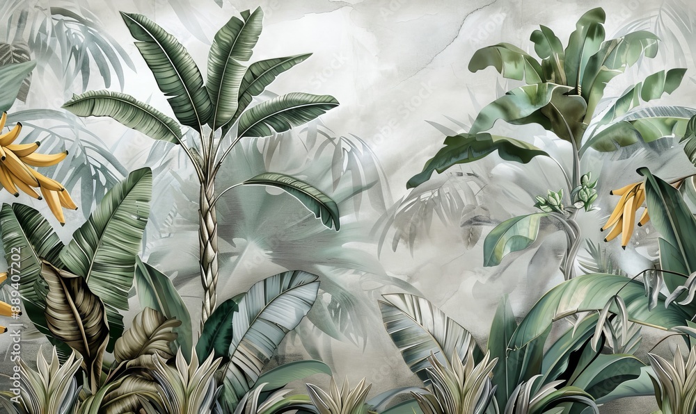 A tropical drawing on textured background wallpaper in the interior A tropical drawing on textured background wallpaper in the interior