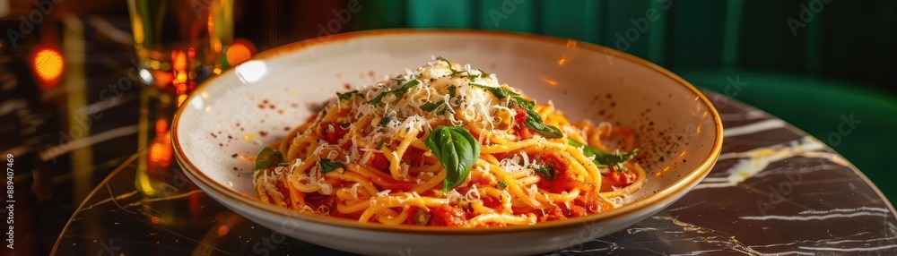 Delicious plate of spaghetti pasta garnished with fresh herbs, grated cheese, and basil leaves on a marble table in a cozy restaurant setting. Delicious plate of spaghetti pasta garnished with fresh herbs, grated cheese, and basil leaves on a marble table in a cozy restaurant setting.