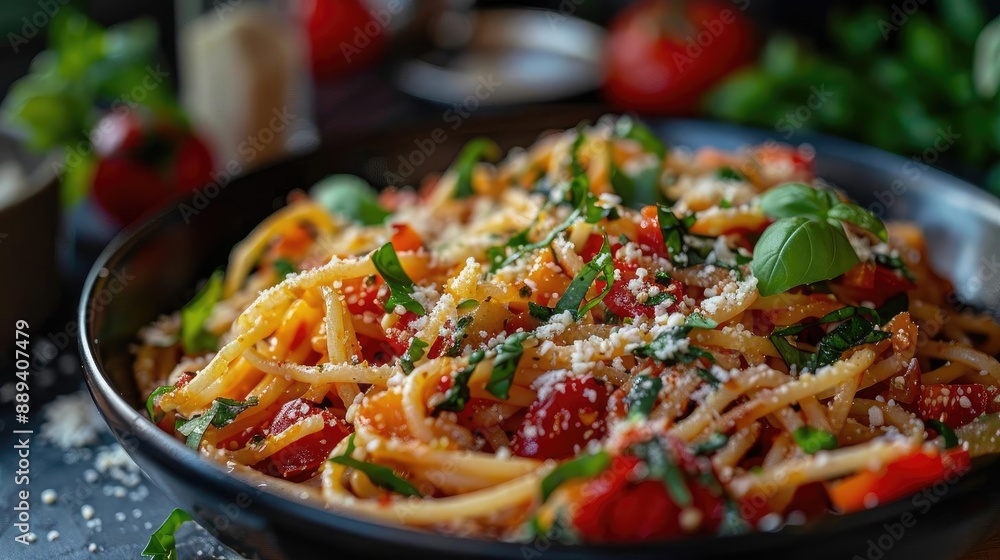 Delicious pasta with tomato sauce, fresh basil, and parmesan served in a black bowl, vibrant and appetizing Italian cuisine. Delicious pasta with tomato sauce, fresh basil, and parmesan served in a black bowl, vibrant and appetizing Italian cuisine.