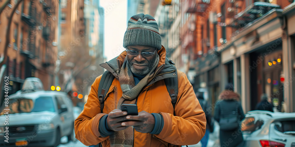 Mature black man in city using cell phone walking on a street Mature black man in city using cell phone walking on a street