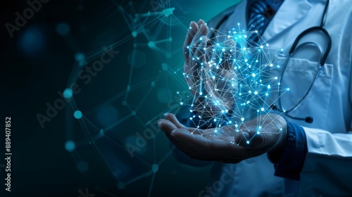 Wallpaper Mural Low polygon Doctor hands with stethoscope and FUi icon medical in hospital with medical technology network concept Torontodigital.ca