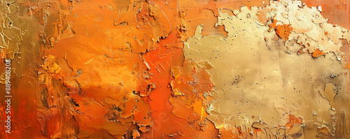 An abstract wall painting with textured layers of orange and gold, adding warmth and richness to the texture.