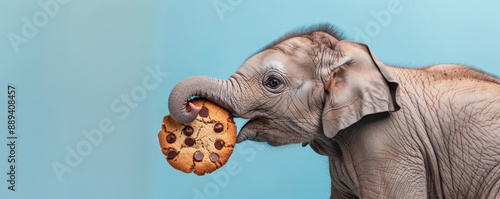 An adorable elephant calf holding a large chocolate chip cookie, set against a pastel blue backdrop. The elephant's trunk is curled around the cookie, and it looks freshly baked. photo