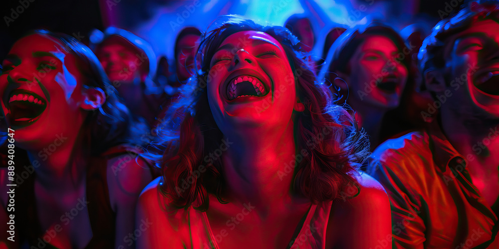 People having fun time at a movie theater laughing People having fun time at a movie theater laughing