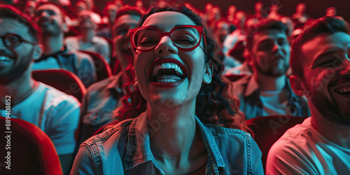People having fun time at a movie theater laughing