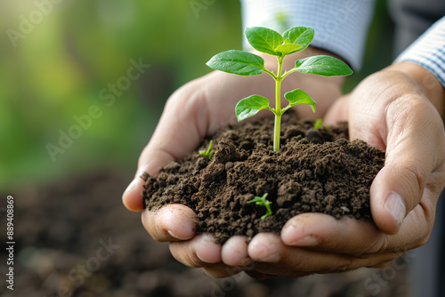A pair of hands holding soil with green plants growing out, symbolizing growth and development in business.   © Zulkifle