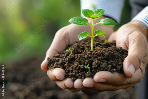 A pair of hands holding soil with green plants growing out, symbolizing growth and development in business.