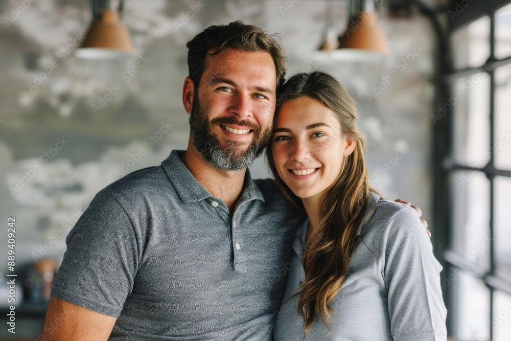 Portrait of a glad couple in their 20s wearing a breathable golf polo isolated on empty modern loft background Portrait of a glad couple in their 20s wearing a breathable golf polo isolated on empty modern loft background