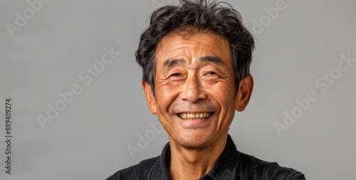 Joyful Senior Man Smiling Confidently - Portrait of a happy and confident elderly man with a broad smile, against a plain grey background. Ideal for concepts of happiness, positivity, and aging gracef