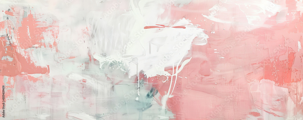 An artistic texture on a wall featuring abstract brushstrokes in shades of pink and white, creating a soft and elegant ambiance.