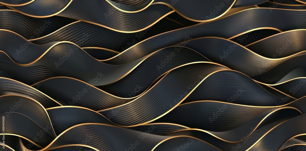 The gold retro wave pattern is seamless on the black background. The gold plated relief sculpture is on a black background. Maximalist gilded wallpaper is visualized in 3D. The gold retro wave pattern is seamless on the black background. The gold plated relief sculpture is on a black background. Maximalist gilded wallpaper is visualized in 3D.