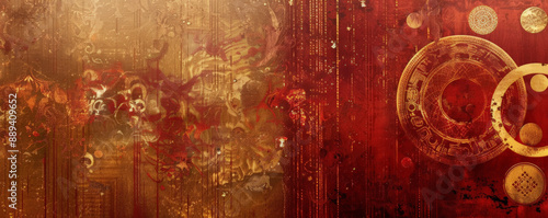 An artistic wall texture with abstract patterns in red and gold, creating a warm and luxurious ambiance.