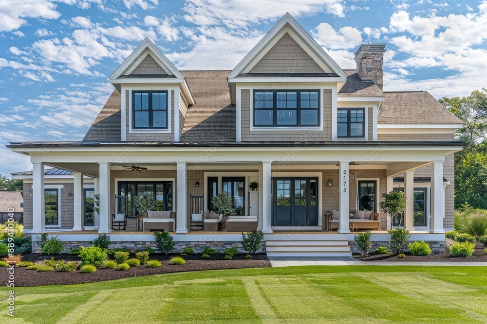 Beautiful New England coastal home with large front porch, tan and white exterior, detailed landscaping, green grass, small shrubs, under daytime lighting. Beautiful New England coastal home with large front porch, tan and white exterior, detailed landscaping, green grass, small shrubs, under daytime lighting.