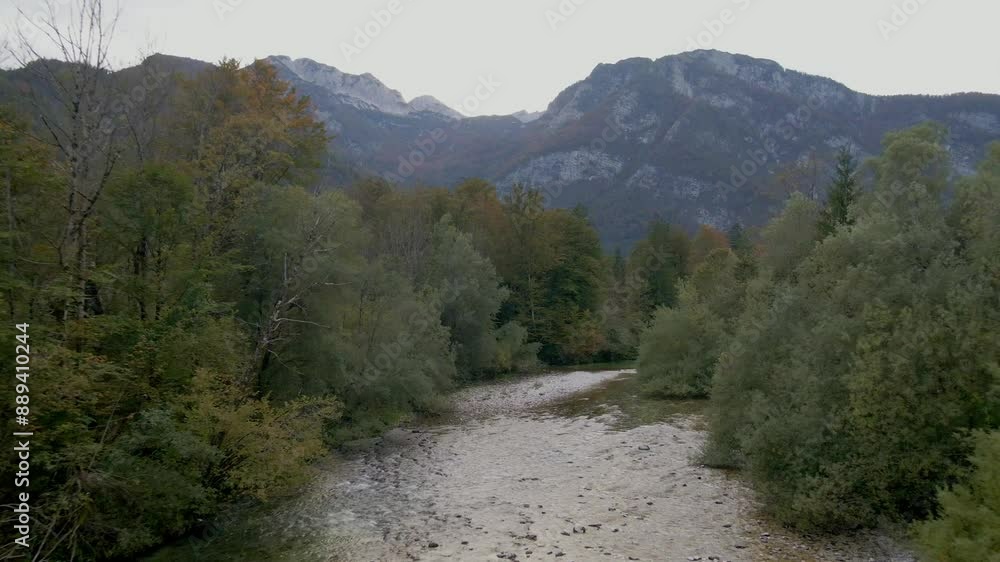 Aerial view of majestic mountains, river, and forest in Ukanc, Bohinj, Slovenia. Aerial view of majestic mountains, river, and forest in Ukanc, Bohinj, Slovenia.