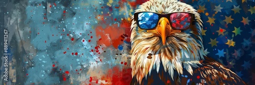 Patriotic Eagle with Sunglasses - Vibrant Art - A captivating artistic depiction of a bald eagle wearing USA-flag themed sunglasses, set against a dynamic, colorful backdrop with stars and splashes. P