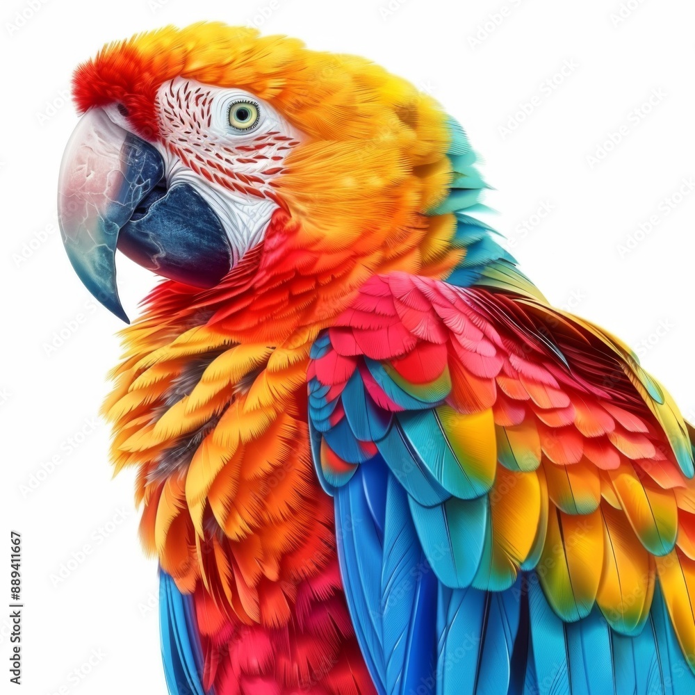 Obraz premium A colorful parrot, bird element, realistic illustration, vibrant feathers, isolated on white background
