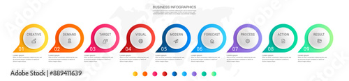 Vector business infographics template. Timeline with nine circle, icon, arrow, steps, 9 number options. Can be used for workflow layout, diagram, chart, banner, web design. Modern illustration