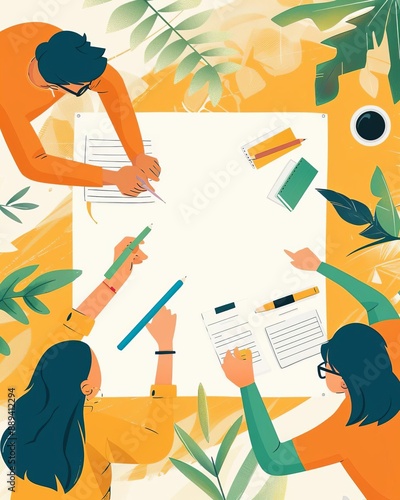 Innovative performance assets, flat design, top view, explore theme, cartoon drawing, vivid