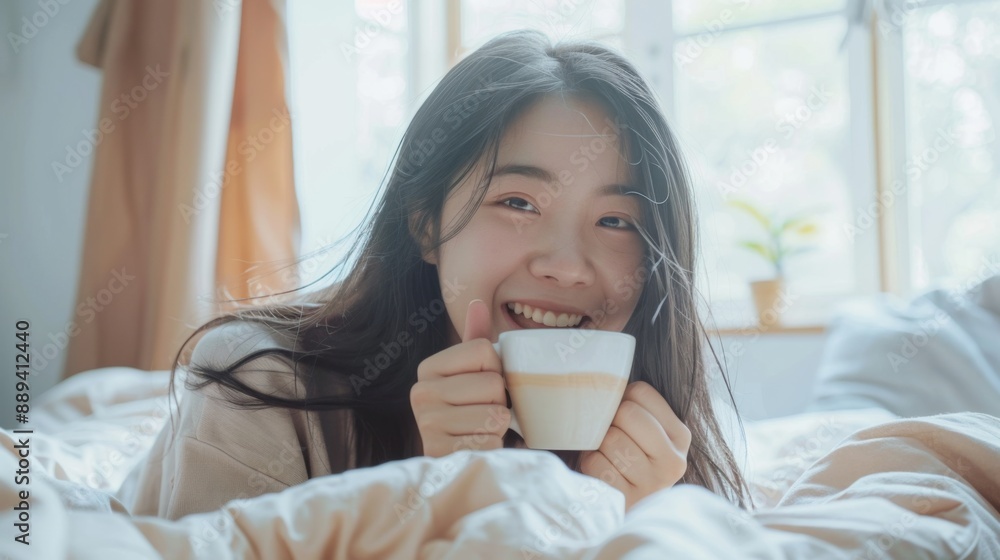 Portrait of smiling happy cheerful beauty pretty asian woman relaxing drinking and looking at cup of hot coffee or tea.Girl fell Portrait of smiling happy cheerful beauty pretty asian woman relaxing drinking and looking at cup of hot coffee or tea.Girl fell