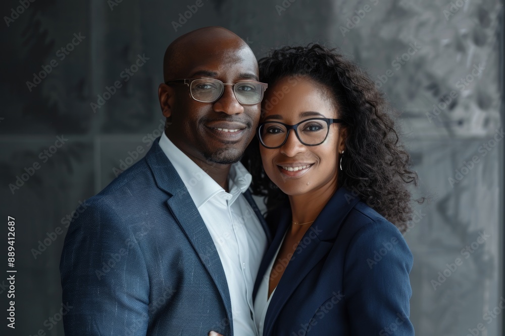 Portrait of a blissful multicultural couple in their 40s wearing a professional suit jacket isolated in empty modern loft background Portrait of a blissful multicultural couple in their 40s wearing a professional suit jacket isolated in empty modern loft background