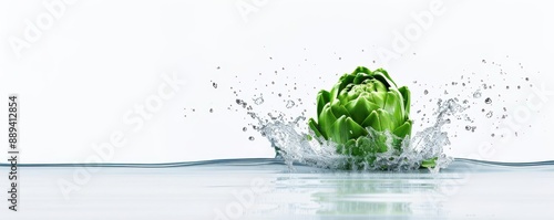 a high speed photo of  Artichoke falling down into a water dowl on white background photo