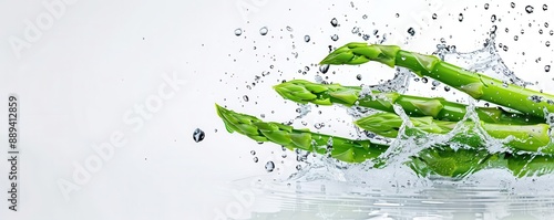 a high speed photo of  Asparagus falling down into a water dowl on white background photo