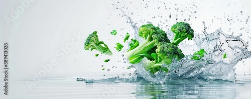 a high speed photo of  Broccoli falling down into a water dowl on white background photo