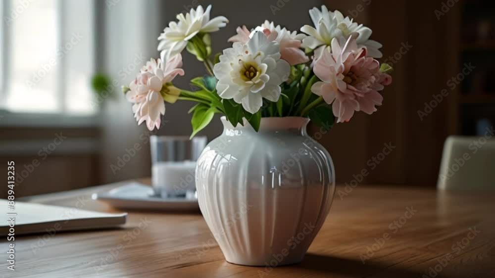 A white vase with white and pink flowers sits next to a glass of milk. A white vase with white and pink flowers sits next to a glass of milk.