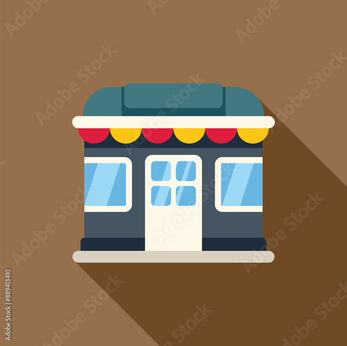 Small shop building facade with awning and windows illustration featuring a small business in a flat design style with long shadow