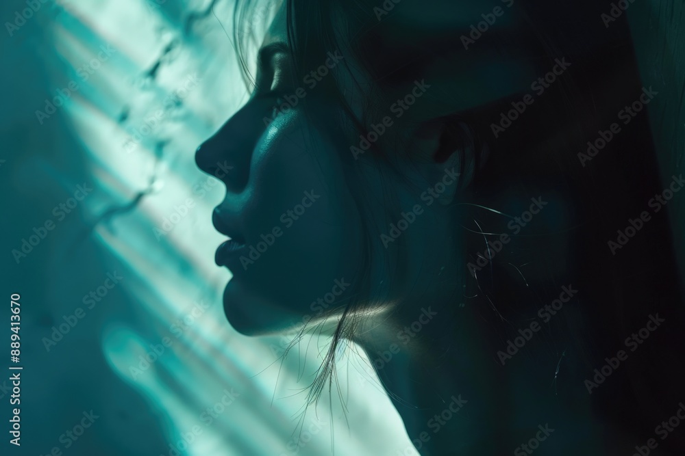 A woman stands in front of a window, looking out at the view A woman stands in front of a window, looking out at the view