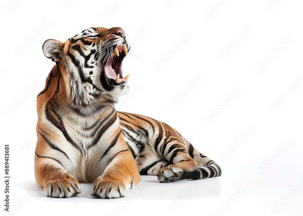 Obraz premium A majestic tiger with orange and black stripes roars fiercely, baring its sharp teeth on a clean white background. Wildlife Animals.