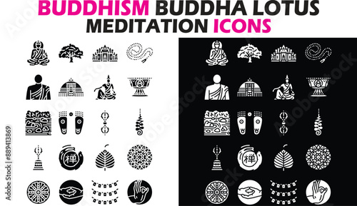 Buddhism Buddha Lotus Meditation Icons, Zen icons, Spiritual Elements , Thin Line and Pixel Perfect Icons, Silhouette icon buddha