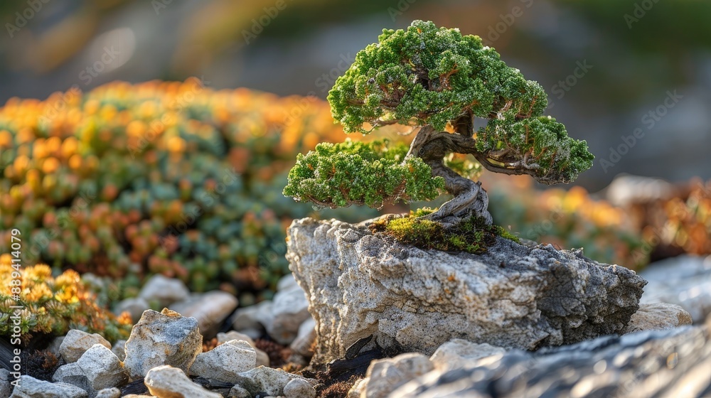 Twisted juniper bonsai tree with green branches in a rocky garden Twisted juniper bonsai tree with green branches in a rocky garden