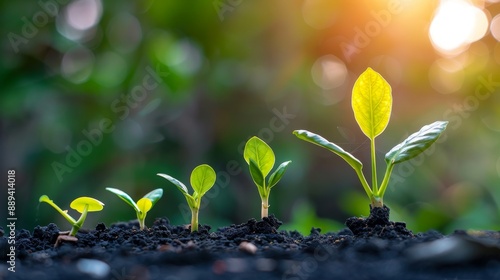 Stages of Plant Growth in Sunlight - A close-up view of five saplings in various growth stages under sunlight, representing the lifecycle of plant development. Ideal for themes of nature, growth, and 