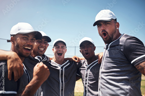 Photography Success, baseball and team celebrate together for victory, support and huddle in portrait