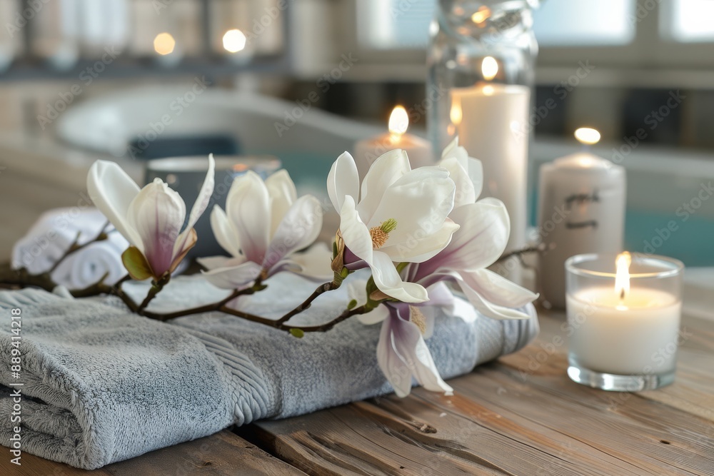 Set the mood for a spa experience with candles and magnolias on a table to create a tranquil environment that promotes relaxation. This serene atmosphere encourages a peaceful and calming ambiance Set the mood for a spa experience with candles and magnolias on a table to create a tranquil environment that promotes relaxation. This serene atmosphere encourages a peaceful and calming ambiance