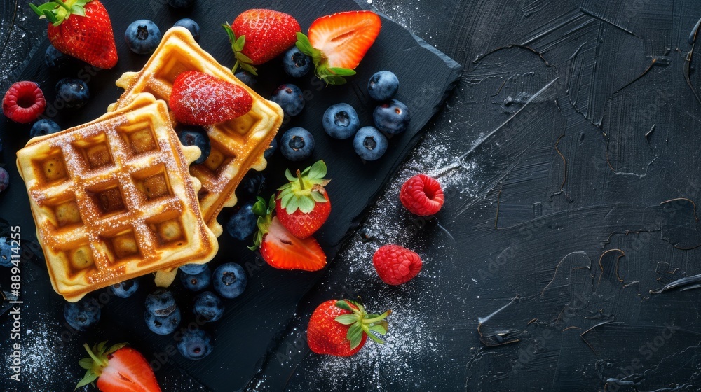 Belgian waffles with fresh strawberry and blueberry on black background. Flat lay, top view, copy space Belgian waffles with fresh strawberry and blueberry on black background. Flat lay, top view, copy space