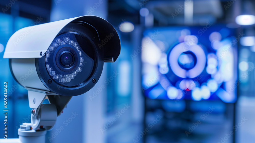 Close-up of a CCTV camera security system against a backdrop of blue lights, captured in high resolution. This image highlights the modern surveillance technology with sharp details and professional c Close-up of a CCTV camera security system against a backdrop of blue lights, captured in high resolution. This image highlights the modern surveillance technology with sharp details and professional c