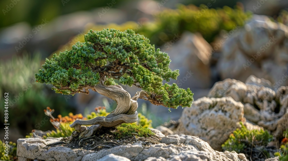 Twisted juniper bonsai tree with green branches in a rocky garden Twisted juniper bonsai tree with green branches in a rocky garden