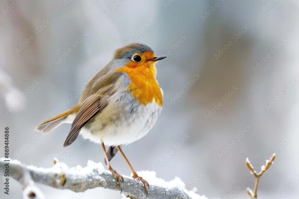 A small bird sitting on a branch covered in snow, great for winter or nature-themed projects A small bird sitting on a branch covered in snow, great for winter or nature-themed projects