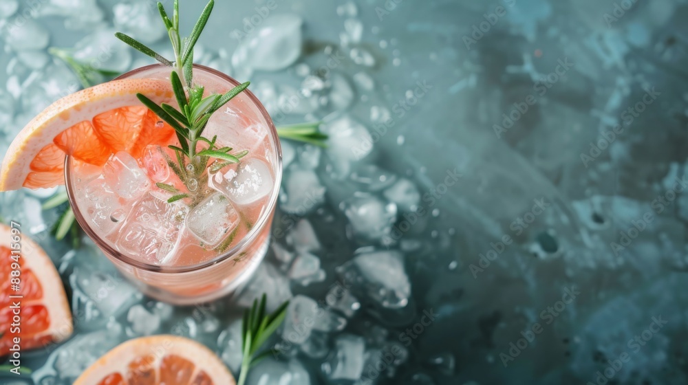 Refreshing drink with natural ice, grapefruit, and rosemary in a frozen glass. with copy space Refreshing drink with natural ice, grapefruit, and rosemary in a frozen glass. with copy space