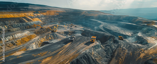 An open pit mine. Gold, diamond, silver, minerals, or copper mine concept. Top view.