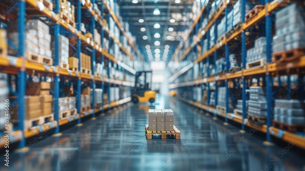 Retail warehouse with shelves of cartons pallets and forklifts blurred background logistics product distribution center Retail warehouse with shelves of cartons pallets and forklifts blurred background logistics product distribution center