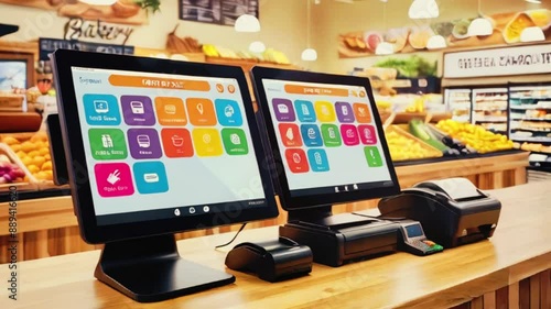 Efficient Checkout: Black Cash Registers at the Grocery Store's Produce Aisle photo