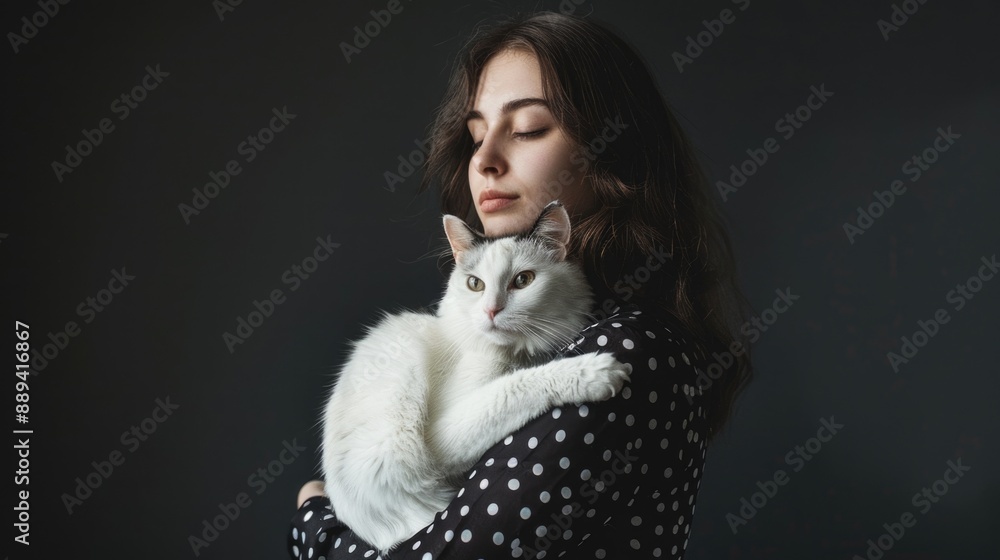 A woman embracing a white cat, suggesting affection and companionship