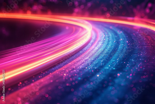 Minimalist image of neon light trails in green, purple, and blue, creating a vortex effect against a dark background,