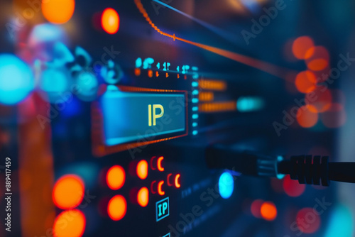 Macro shot of network equipment with IP address and colorful LED lights