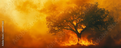 A towering tree on fire, with bright flames and dense smoke rising, isolated on a bright yellow background, creating a striking visual contrast. photo